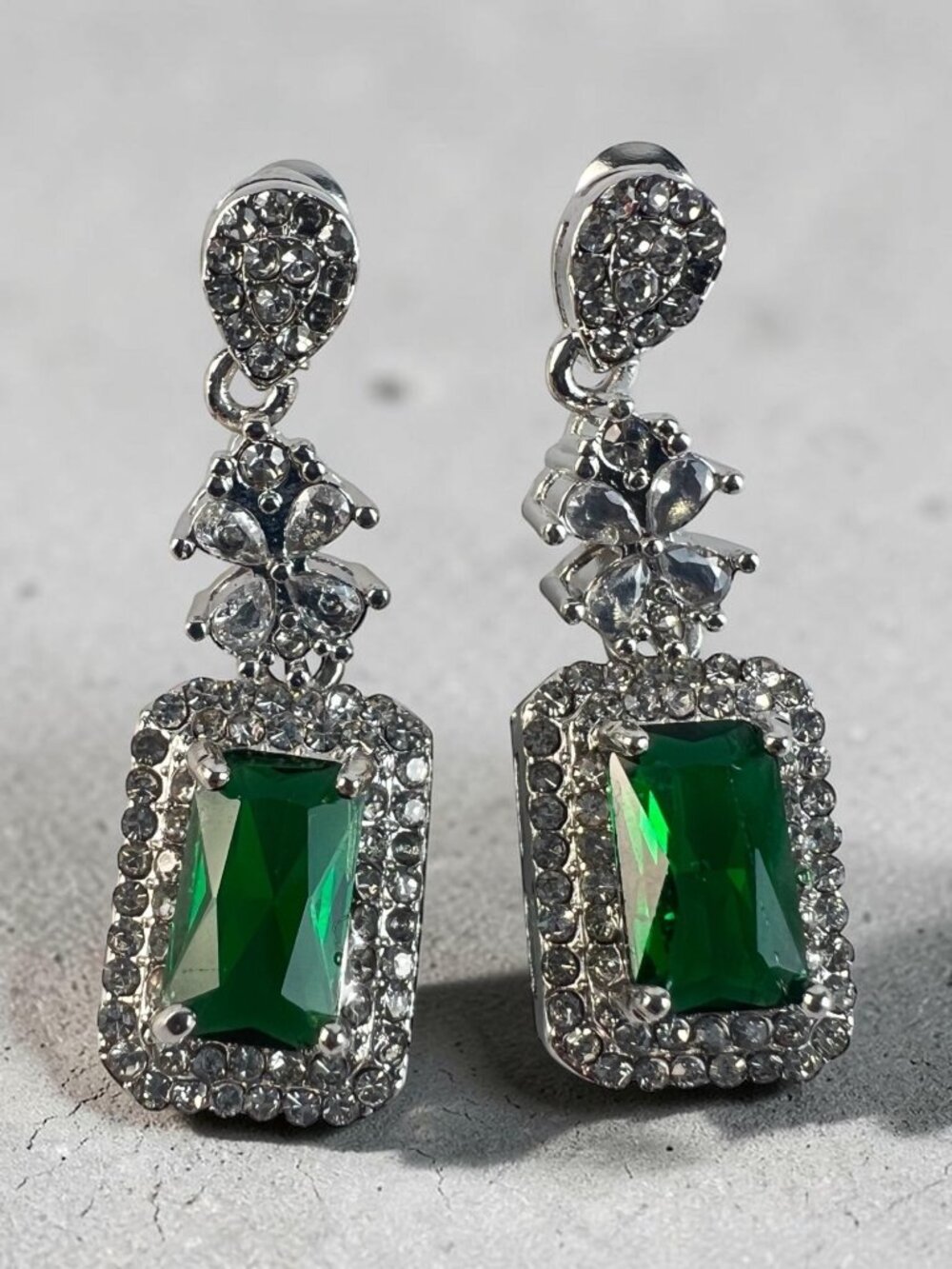 Emerald Cut Green Glass Dangle Earrings, Pave Crystal Halo, Silver Tone, 1 3/8"